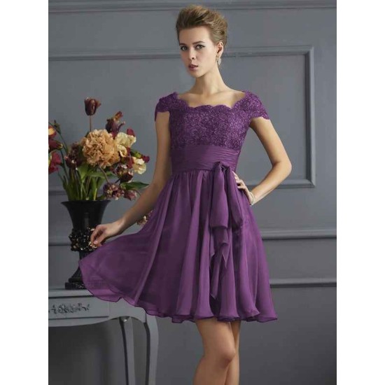 Chic Short Sleeves Lace Short Chiffon Bridesmaid Dresses