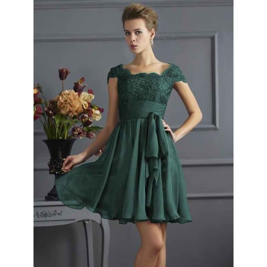 Chic Short Sleeves Lace Short Chiffon Bridesmaid Dresses