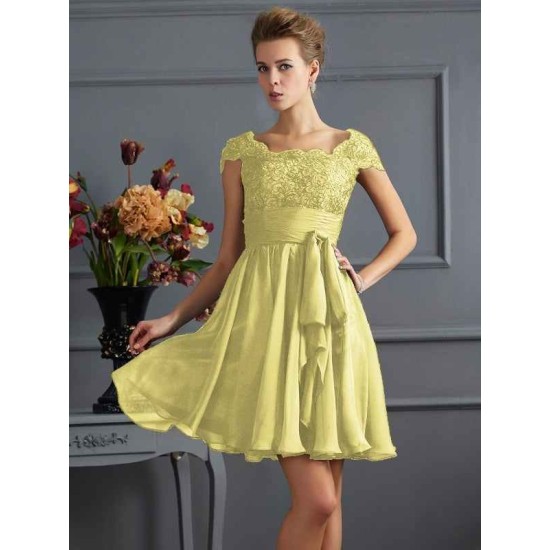 Chic Short Sleeves Lace Short Chiffon Bridesmaid Dresses