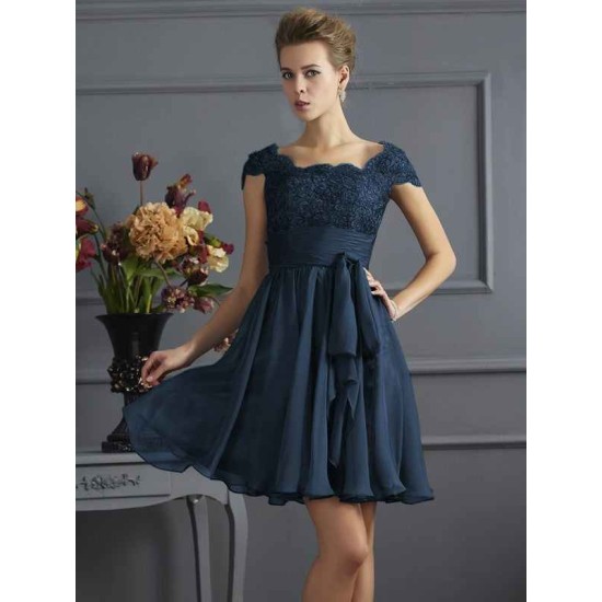 Chic Short Sleeves Lace Short Chiffon Bridesmaid Dresses