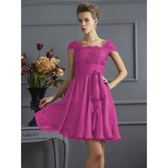 Chic Short Sleeves Lace Short Chiffon Bridesmaid Dresses