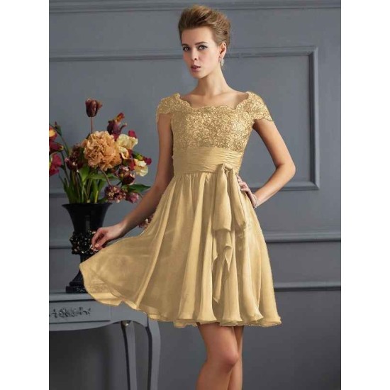Chic Short Sleeves Lace Short Chiffon Bridesmaid Dresses