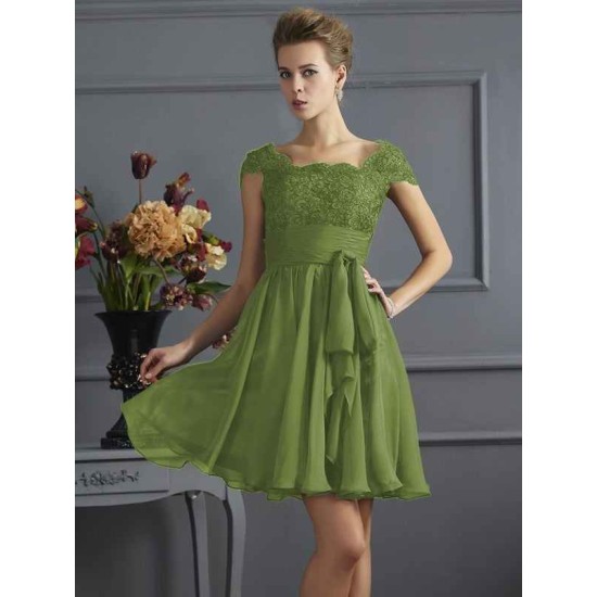 Chic Short Sleeves Lace Short Chiffon Bridesmaid Dresses