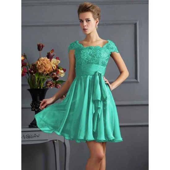 Chic Short Sleeves Lace Short Chiffon Bridesmaid Dresses