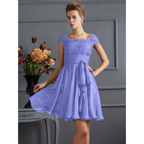Chic Short Sleeves Lace Short Chiffon Bridesmaid Dresses