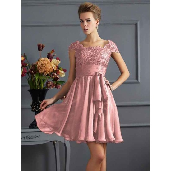 Chic Short Sleeves Lace Short Chiffon Bridesmaid Dresses