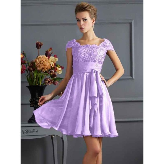 Chic Short Sleeves Lace Short Chiffon Bridesmaid Dresses