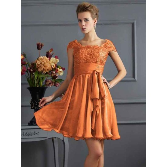 Chic Short Sleeves Lace Short Chiffon Bridesmaid Dresses