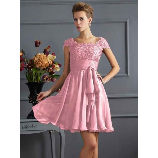 Chic Short Sleeves Lace Short Chiffon Bridesmaid Dresses