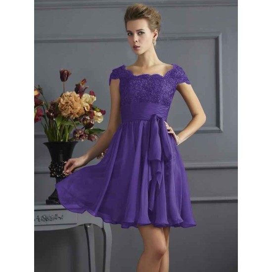 Chic Short Sleeves Lace Short Chiffon Bridesmaid Dresses