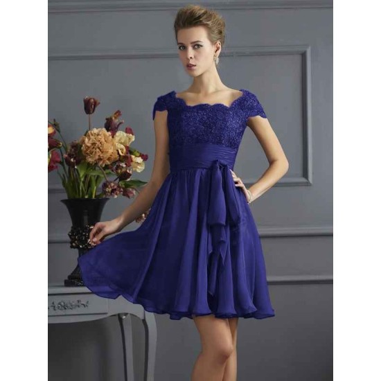 Chic Short Sleeves Lace Short Chiffon Bridesmaid Dresses
