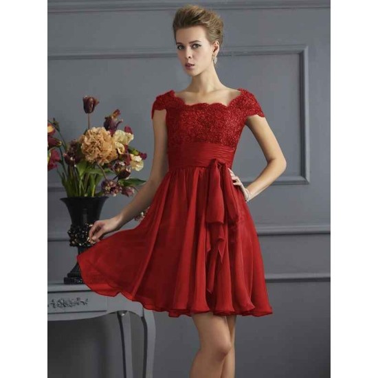 Chic Short Sleeves Lace Short Chiffon Bridesmaid Dresses