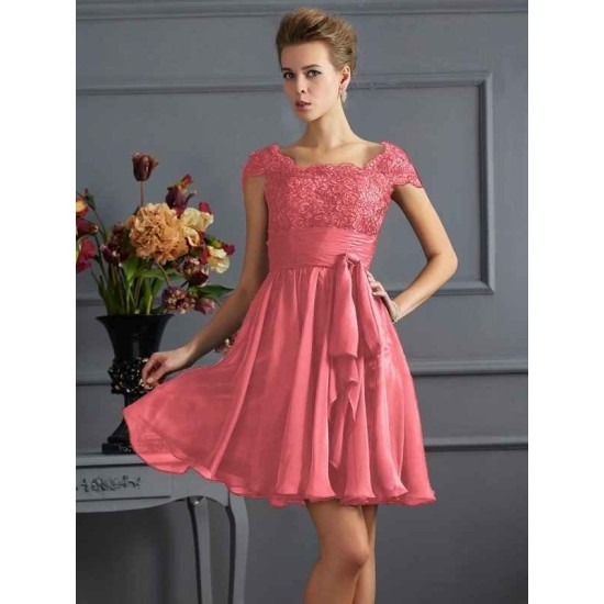 Chic Short Sleeves Lace Short Chiffon Bridesmaid Dresses