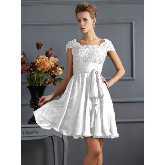 Chic Short Sleeves Lace Short Chiffon Bridesmaid Dresses