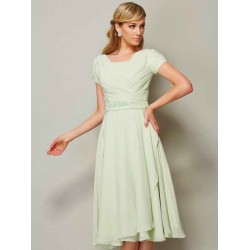 Modern Bateau Short Sleeves Ruffles Short Chiffon Bridesmaid Dresses