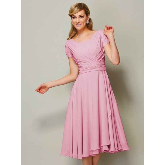 Modern Bateau Short Sleeves Ruffles Short Chiffon Bridesmaid Dresses