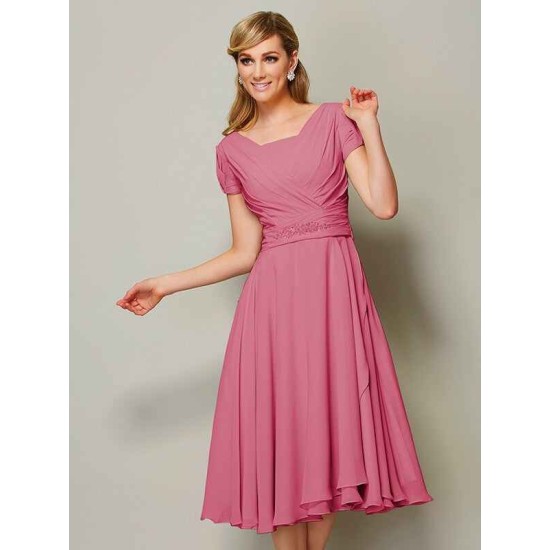 Modern Bateau Short Sleeves Ruffles Short Chiffon Bridesmaid Dresses