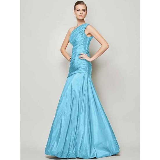 Classy Sleeveless One Shoulders Pleats Long Taffeta Bridesmaid Dresses