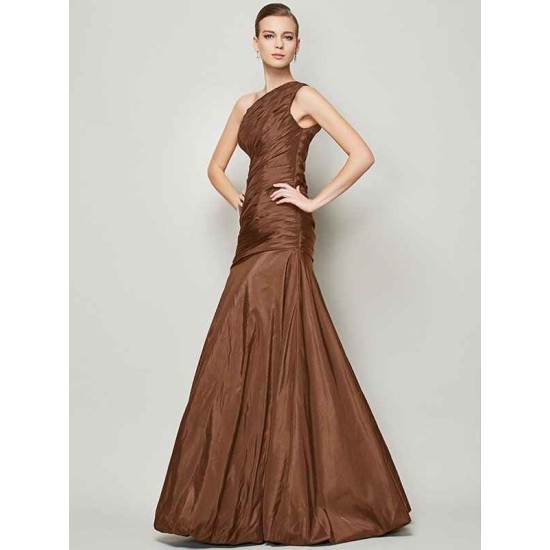 Classy Sleeveless One Shoulders Pleats Long Taffeta Bridesmaid Dresses