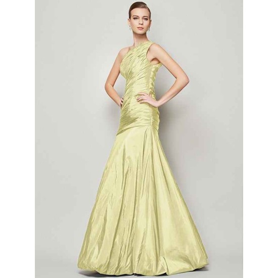 Classy Sleeveless One Shoulders Pleats Long Taffeta Bridesmaid Dresses