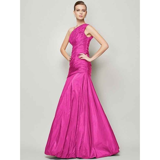 Classy Sleeveless One Shoulders Pleats Long Taffeta Bridesmaid Dresses