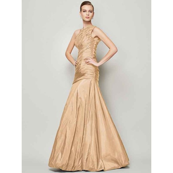 Classy Sleeveless One Shoulders Pleats Long Taffeta Bridesmaid Dresses