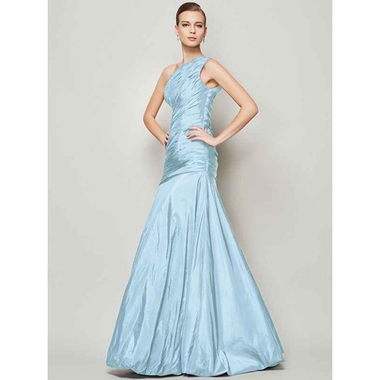 Classy Sleeveless One Shoulders Pleats Long Taffeta Bridesmaid Dresses