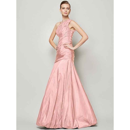 Classy Sleeveless One Shoulders Pleats Long Taffeta Bridesmaid Dresses