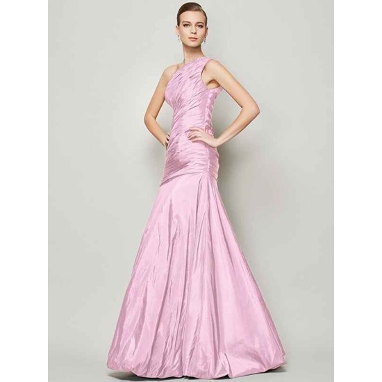 Classy Sleeveless One Shoulders Pleats Long Taffeta Bridesmaid Dresses