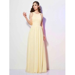 Modern Bateau Sleeveless Pleats Long Chiffon Bridesmaid Dresses