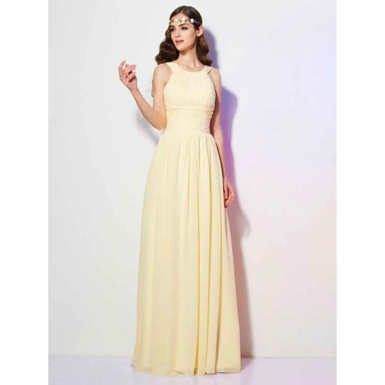 Modern Bateau Sleeveless Pleats Long Chiffon Bridesmaid Dresses