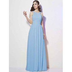 Modern Bateau Sleeveless Pleats Long Chiffon Bridesmaid Dresses