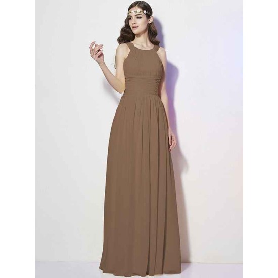 Modern Bateau Sleeveless Pleats Long Chiffon Bridesmaid Dresses
