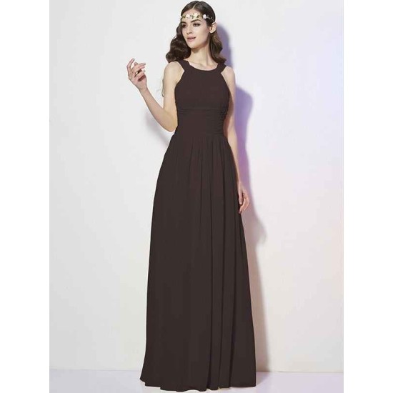 Modern Bateau Sleeveless Pleats Long Chiffon Bridesmaid Dresses