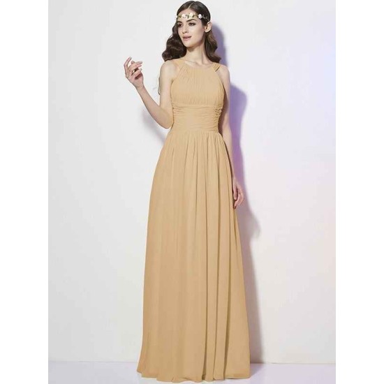 Modern Bateau Sleeveless Pleats Long Chiffon Bridesmaid Dresses