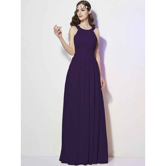 Modern Bateau Sleeveless Pleats Long Chiffon Bridesmaid Dresses