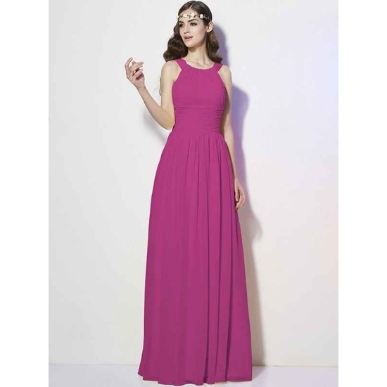 Modern Bateau Sleeveless Pleats Long Chiffon Bridesmaid Dresses