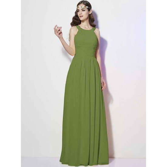 Modern Bateau Sleeveless Pleats Long Chiffon Bridesmaid Dresses