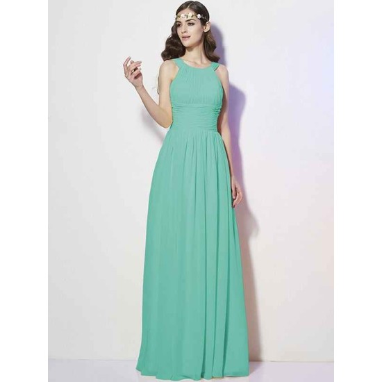 Modern Bateau Sleeveless Pleats Long Chiffon Bridesmaid Dresses
