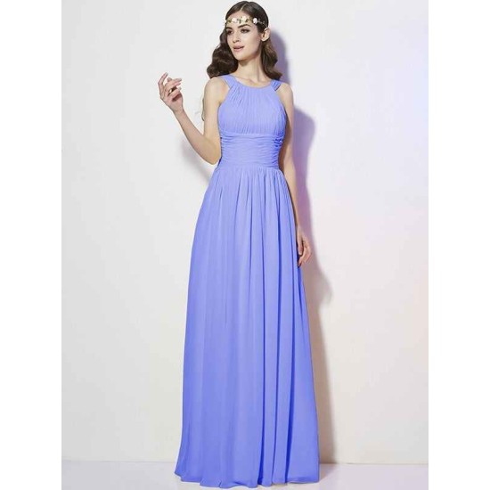 Modern Bateau Sleeveless Pleats Long Chiffon Bridesmaid Dresses