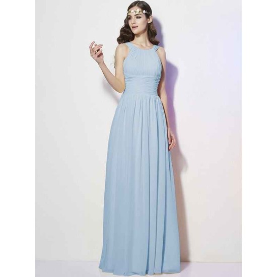 Modern Bateau Sleeveless Pleats Long Chiffon Bridesmaid Dresses