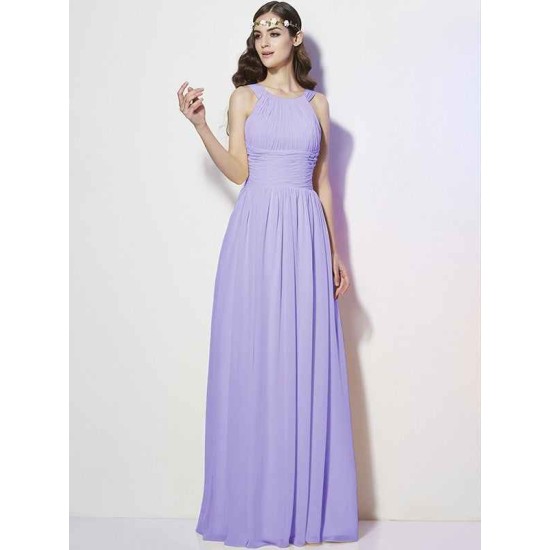 Modern Bateau Sleeveless Pleats Long Chiffon Bridesmaid Dresses