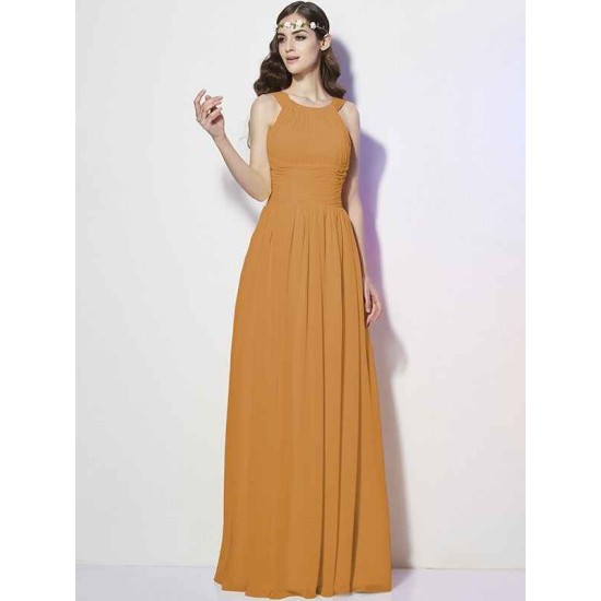 Modern Bateau Sleeveless Pleats Long Chiffon Bridesmaid Dresses