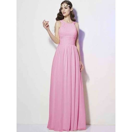 Modern Bateau Sleeveless Pleats Long Chiffon Bridesmaid Dresses