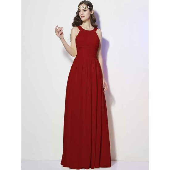 Modern Bateau Sleeveless Pleats Long Chiffon Bridesmaid Dresses