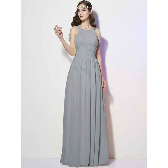 Modern Bateau Sleeveless Pleats Long Chiffon Bridesmaid Dresses