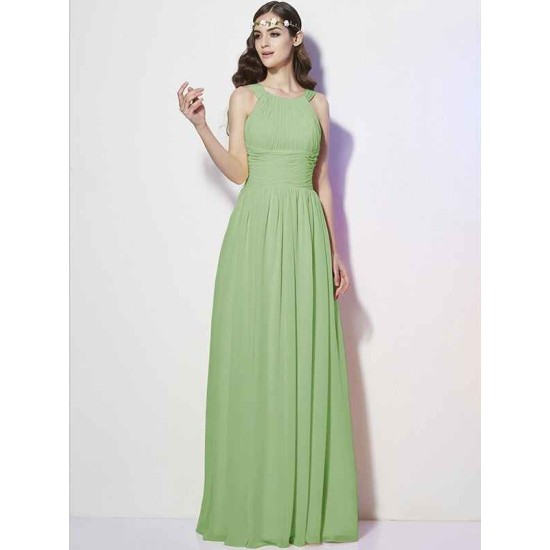 Modern Bateau Sleeveless Pleats Long Chiffon Bridesmaid Dresses