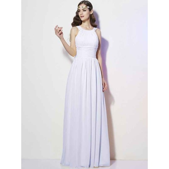 Modern Bateau Sleeveless Pleats Long Chiffon Bridesmaid Dresses