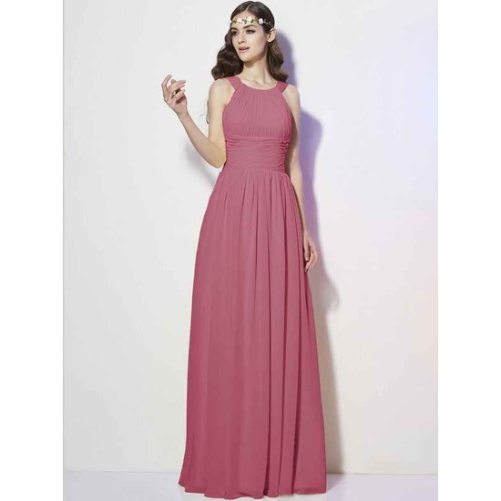 Modern Bateau Sleeveless Pleats Long Chiffon Bridesmaid Dresses
