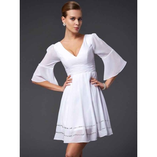 V-Neck Elegant 1/2 Sleeves Beading Short Chiffon Bridesmaid Dresses